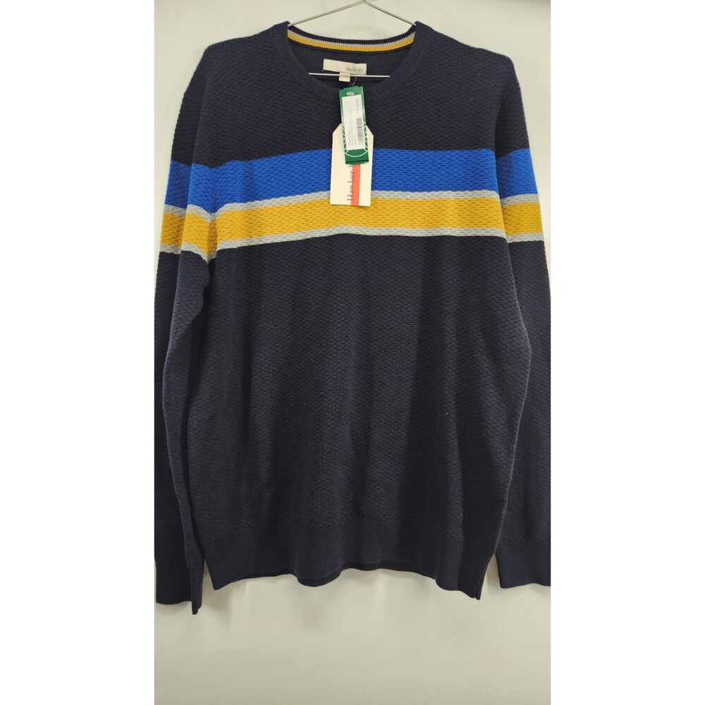 Hawker Rye Mens Navy Large Block Stripe Crewneck Sweater‎ NWT